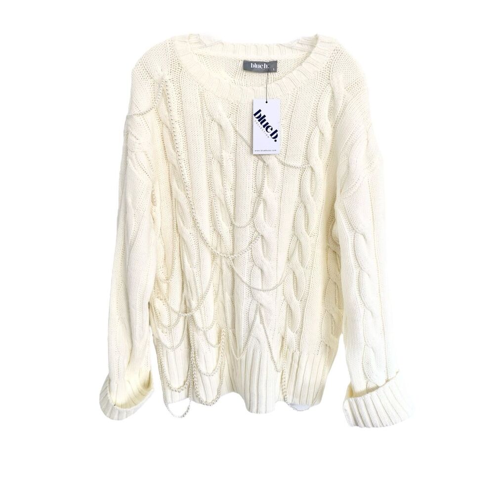 NWT Blue b Ivory Cable Knit Faux Pearls Embellished Sweater Oversized S
